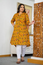 Thumbnail for Kaajh Women's Yellow Floral Printed Plus Size Cotton Kurta - Distacart