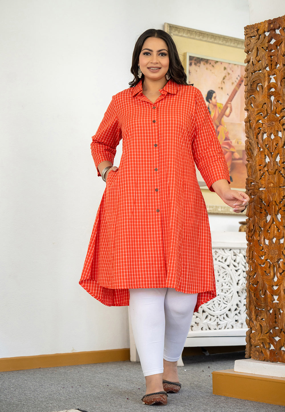 Kaajh Women's Red Check Print Plus Size Cotton Kurta - Distacart