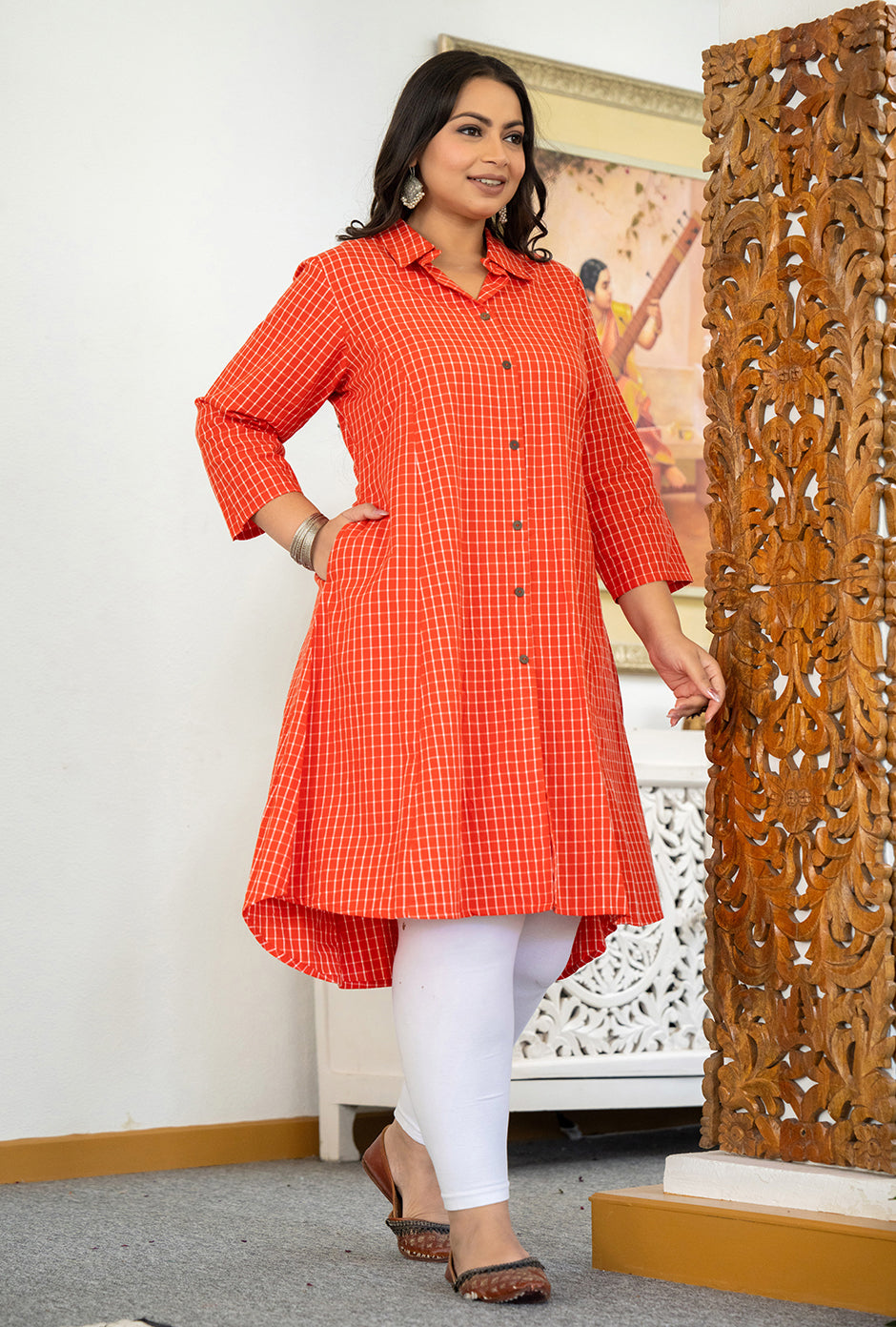 Kaajh Women's Red Check Print Plus Size Cotton Kurta - Distacart