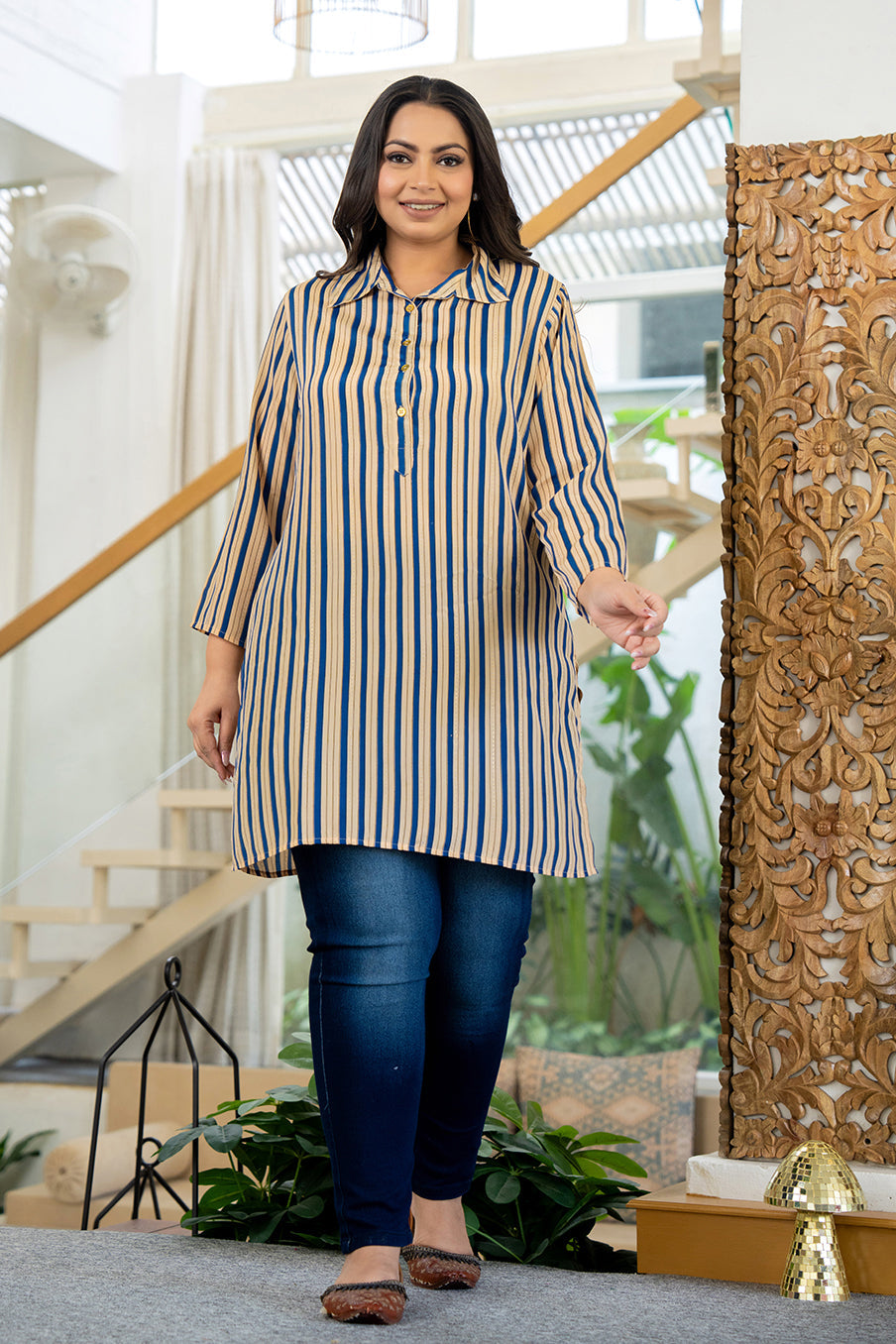 Kaajh Women's Blue Striped Viscose Rayon Plus Size Kurta - Distacart