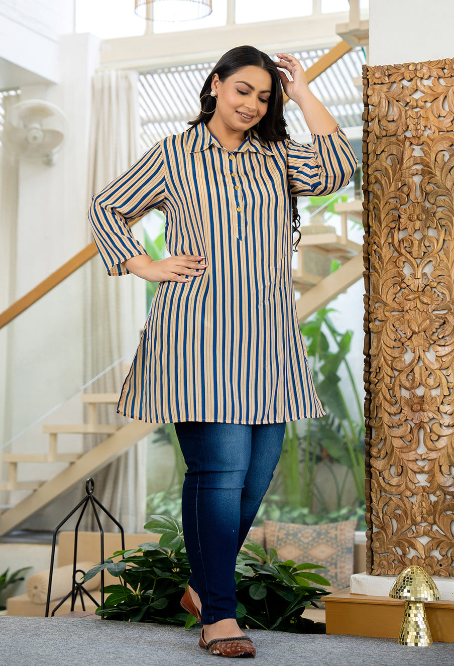 Kaajh Women's Blue Striped Viscose Rayon Plus Size Kurta - Distacart