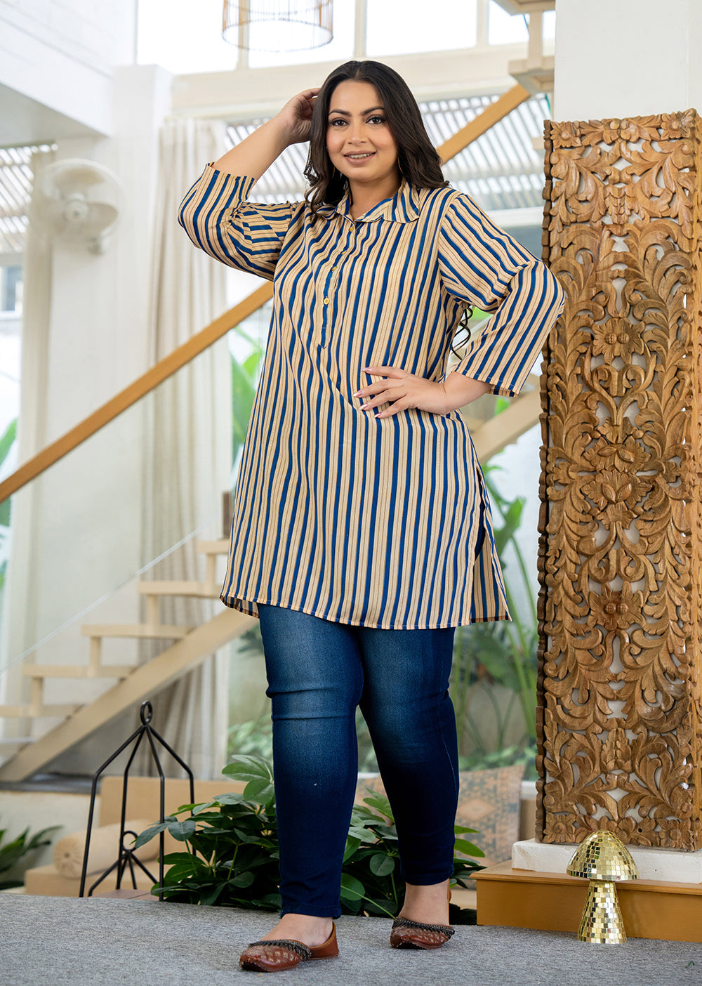 Kaajh Women's Blue Striped Viscose Rayon Plus Size Kurta - Distacart