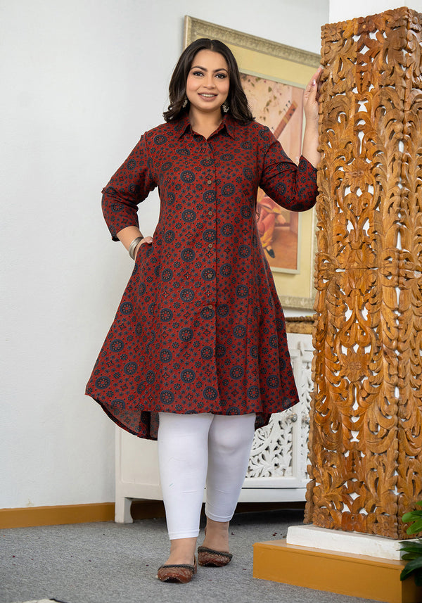 Kaajh Women's Maroon Ajrakh Printed Viscose Rayon Plus Size Kurta - Distacart