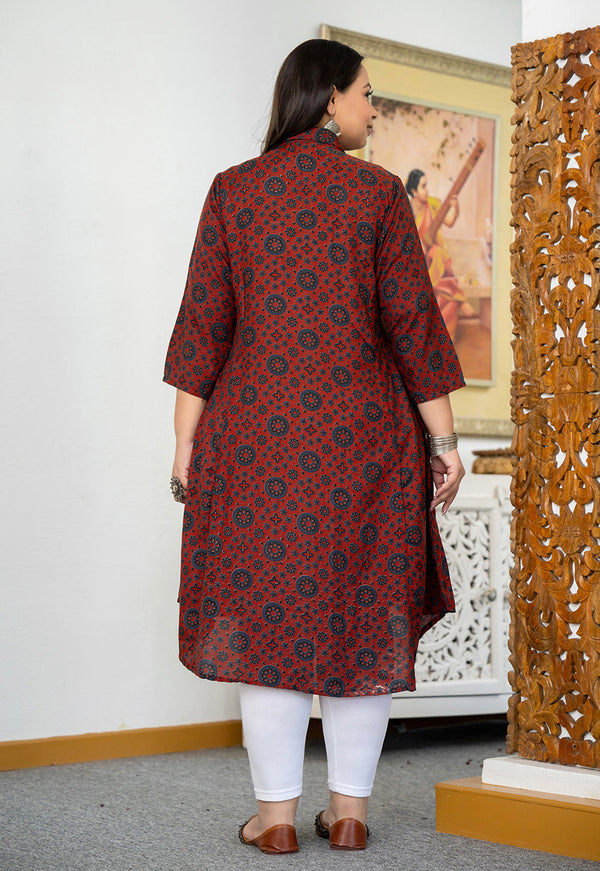 Kaajh Women's Maroon Ajrakh Printed Viscose Rayon Plus Size Kurta - Distacart
