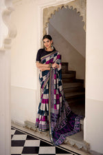 Thumbnail for Vastranavya Navy Blue Viscose Chanderi Printed with Temple Border Saree & Unstitched Blouse - Distacart