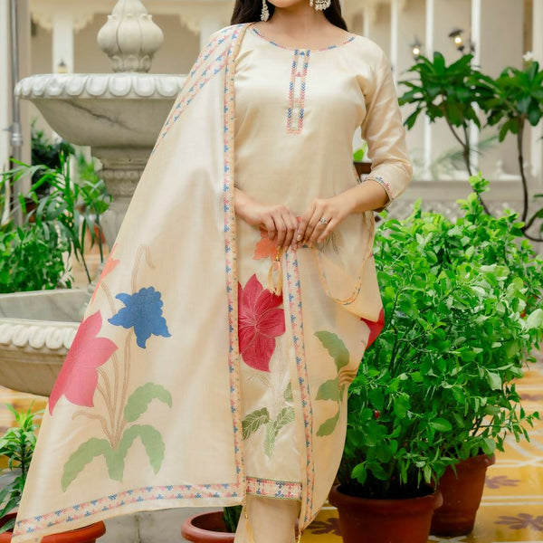 The52 Chiku Women's Beautiful Thread Work Viscose Assam Silk Fabric with Straight Kurta, Pant and Dupatta Set - Distacart