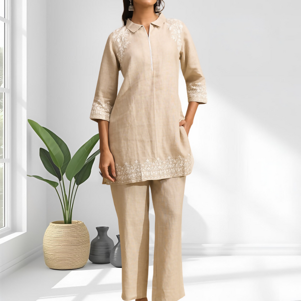 Joban Fashion Beige Linen Embroidered Readymade Cord Set - Distacart