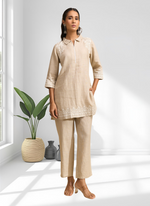Thumbnail for Joban Fashion Beige Linen Embroidered Readymade Cord Set - Distacart