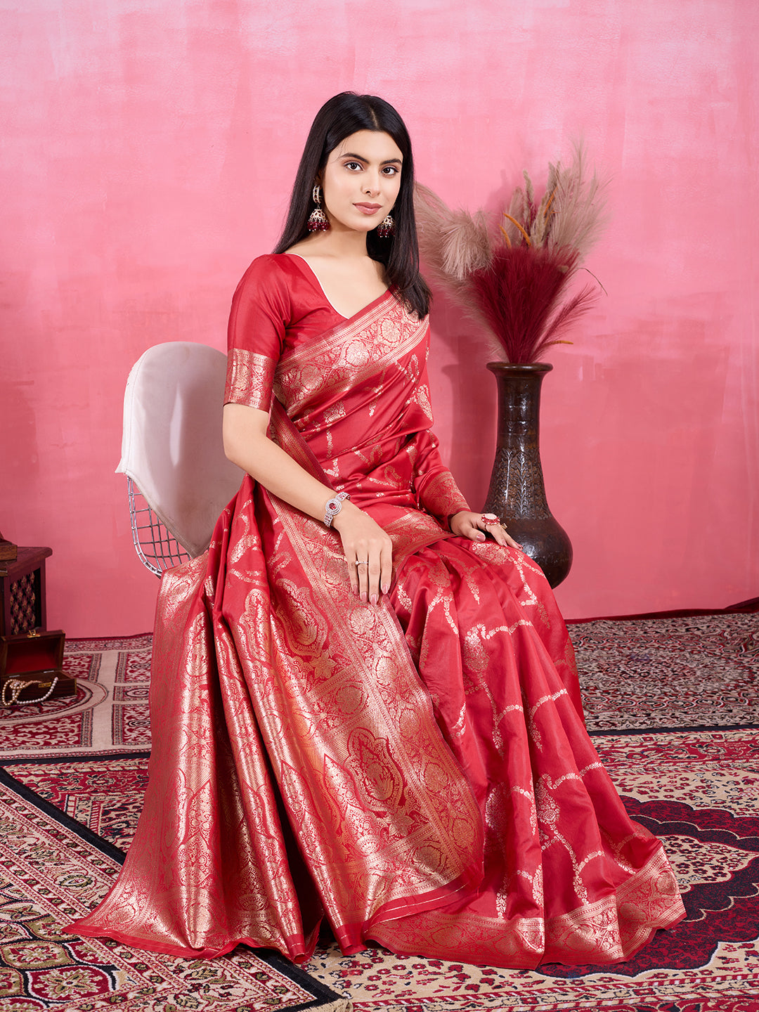 Vedant Vastram Banarasi Silk Fashion Saree - Red - Distacart