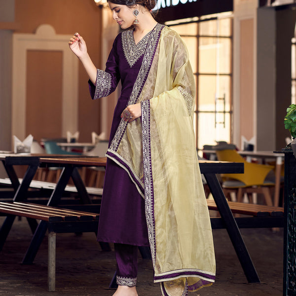 Yash Enterprise Purple Rayon Embroidery Party Wear Suit Set - Distacart