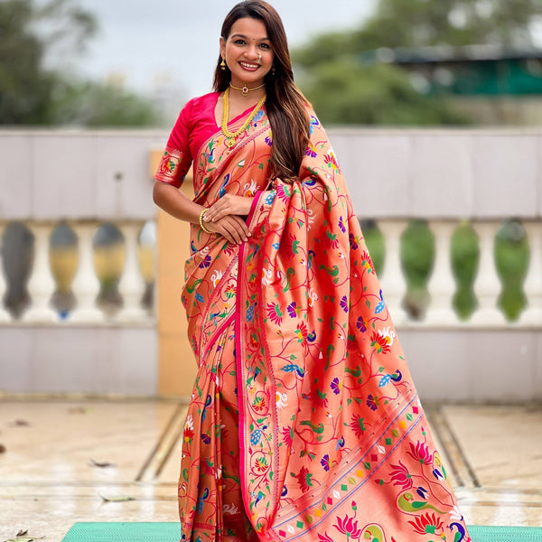 Vedant Vastram Soft Litchi Silk Paithani Jacquard Saree - Pink - Dista