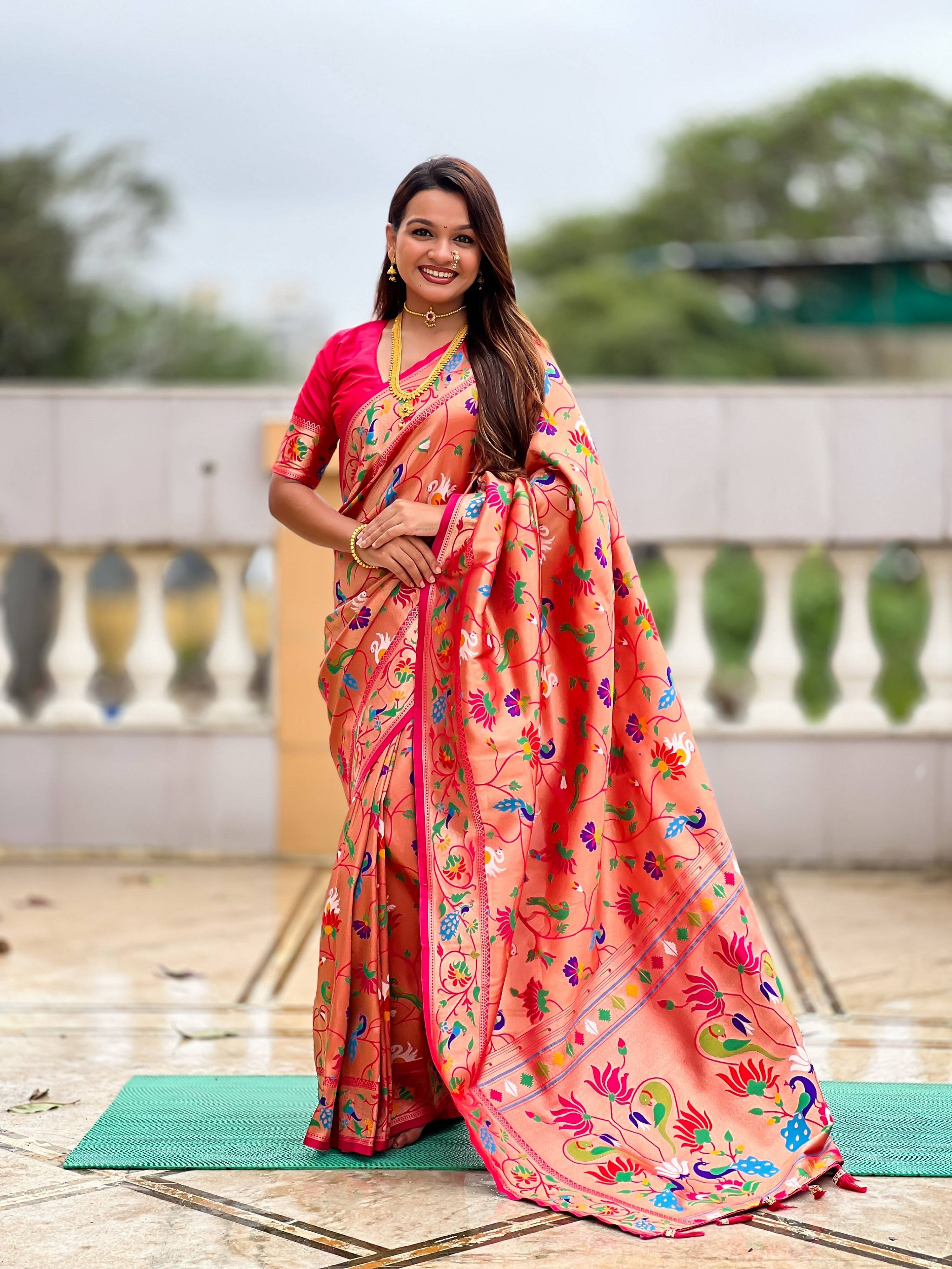 Vedant Vastram Soft Litchi Silk Paithani Jacquard Saree - Pink - Dista