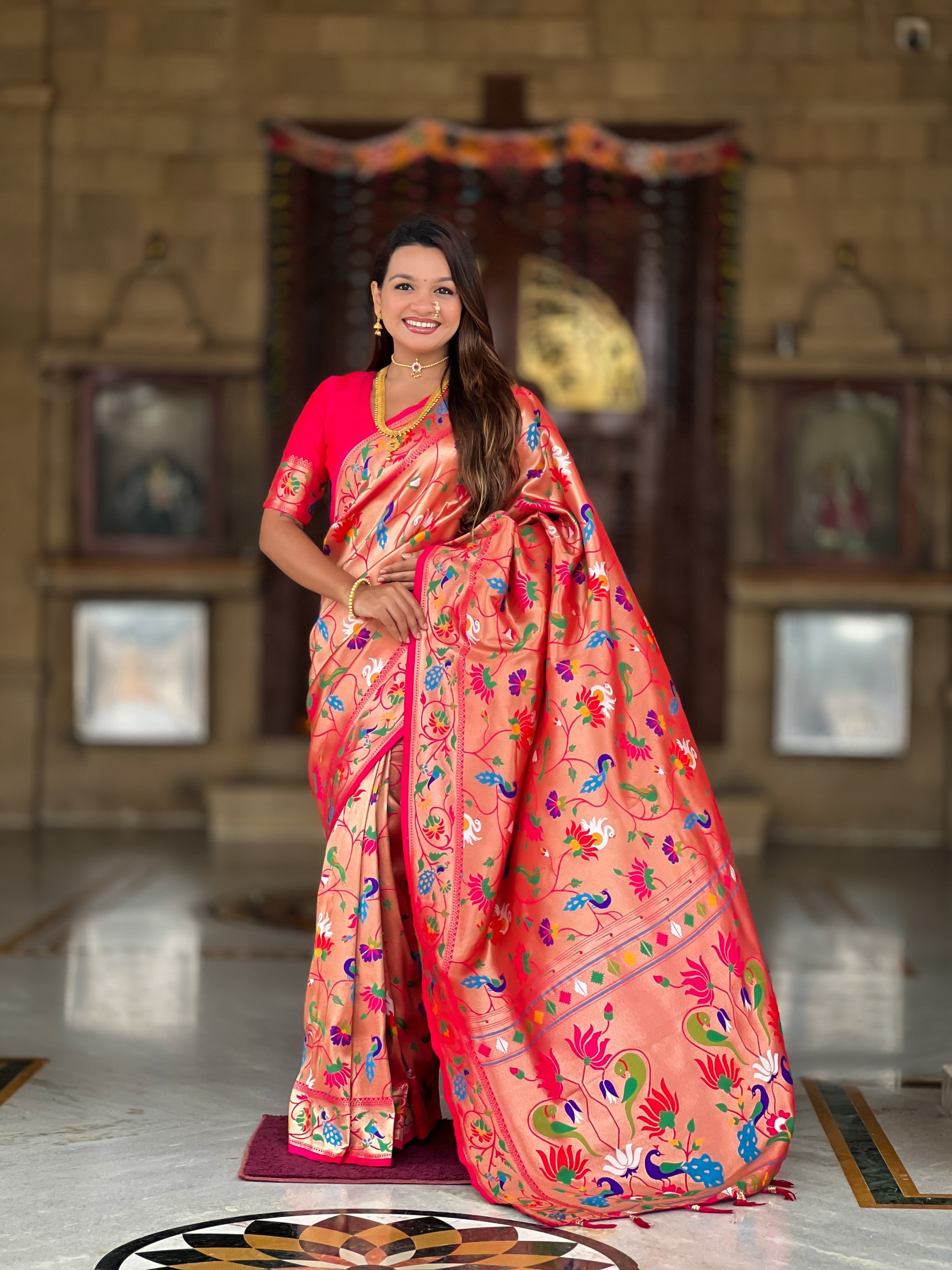 Vedant Vastram Soft Litchi Silk Paithani Jacquard Saree - Pink - Dista