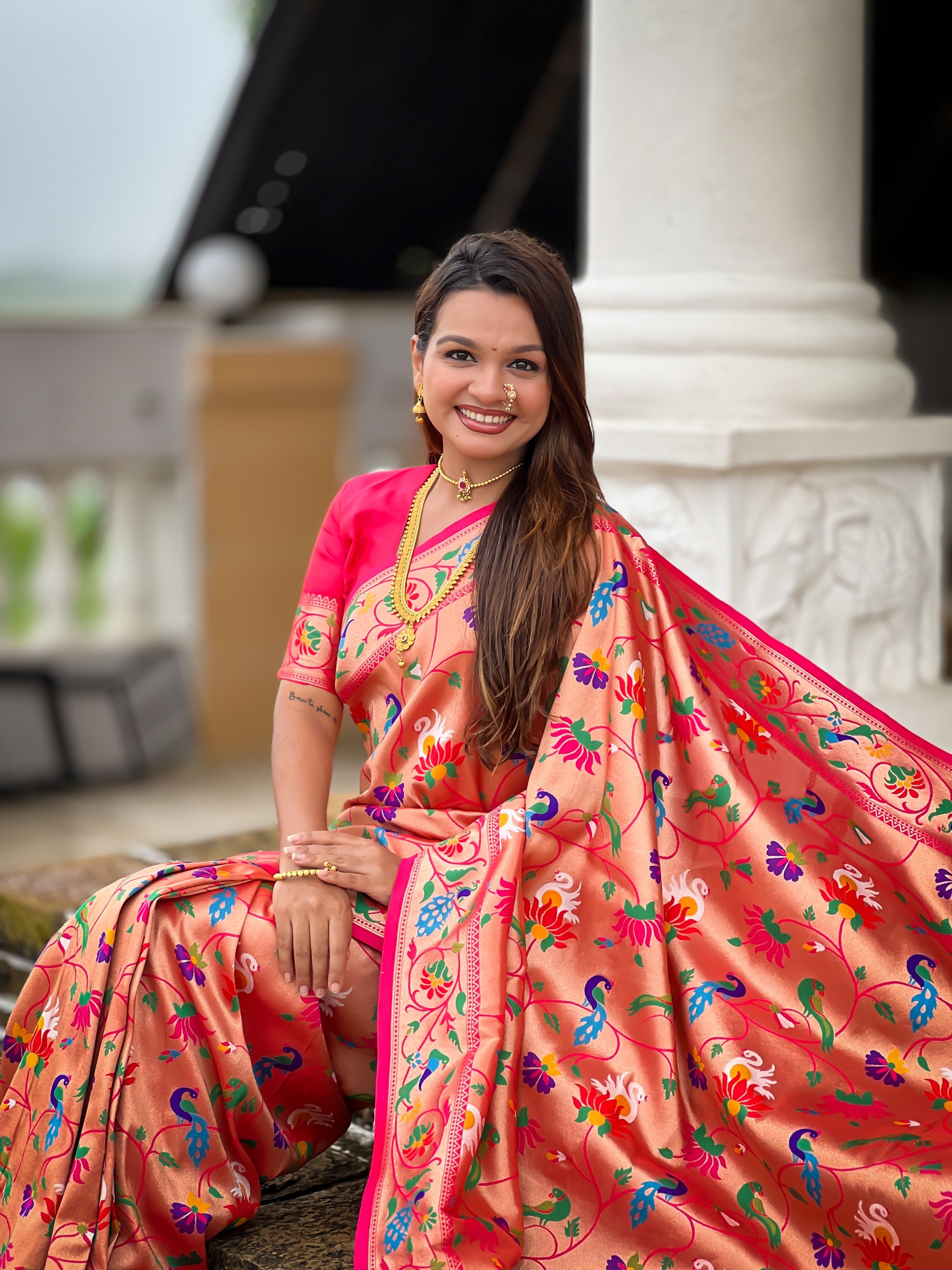 Vedant Vastram Soft Litchi Silk Paithani Jacquard Saree - Pink - Dista