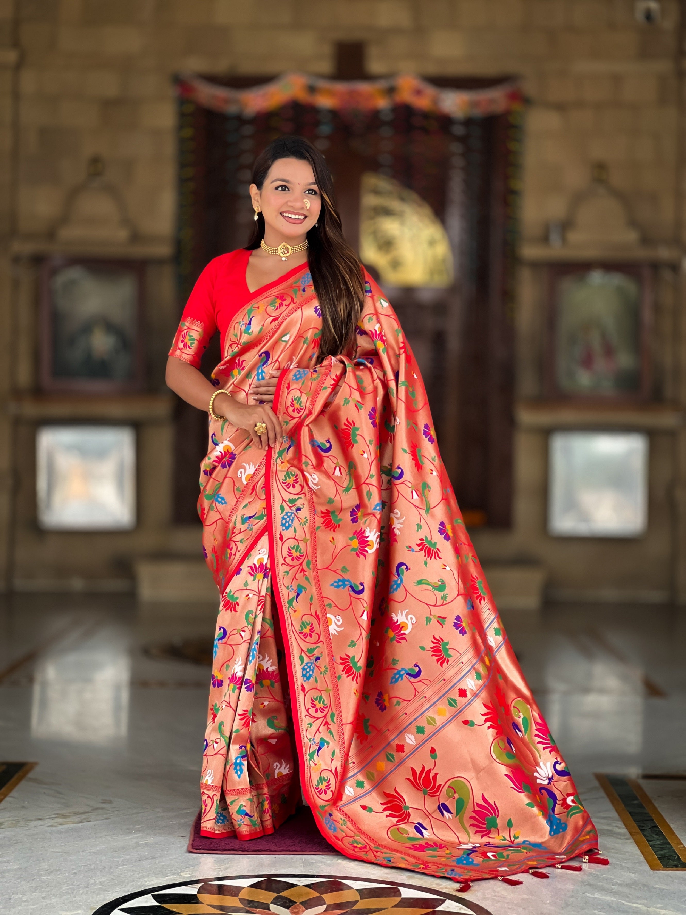 Vedant Vastram Soft Litchi Silk Paithani Jacquard Saree - Red - Dista