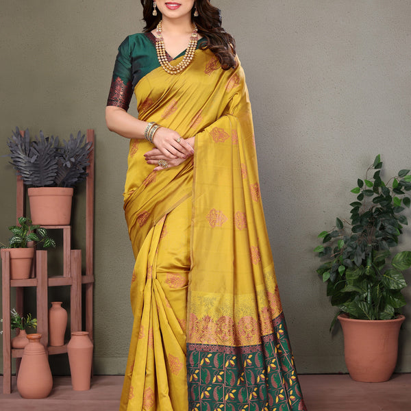Vedant Vastram Soft Litchi Silk Kanjeevaram Saree - Mustard - Distacart