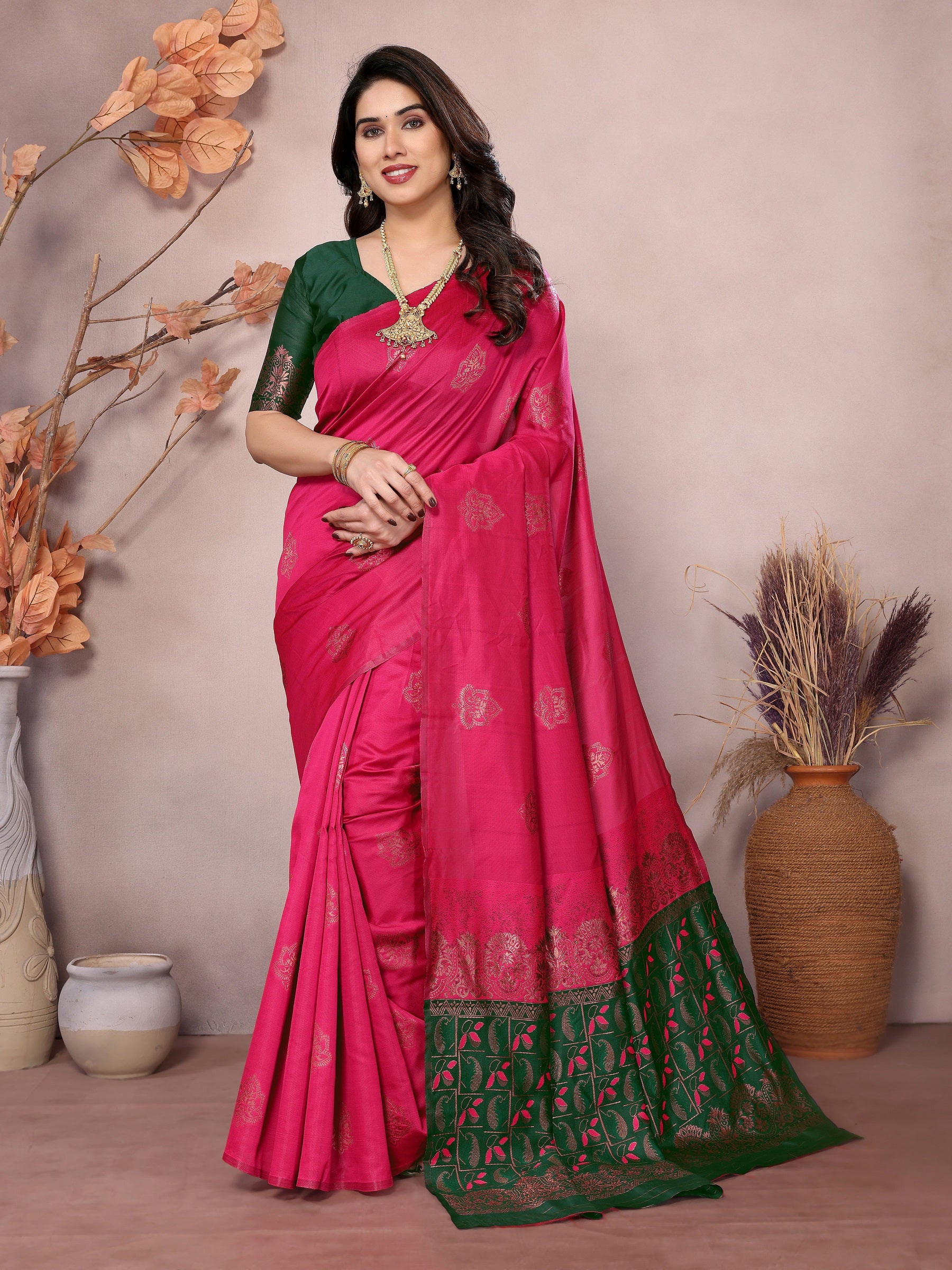 Vedant Vastram Soft Litchi Silk Kanjeevaram Saree - Pink - Distacart
