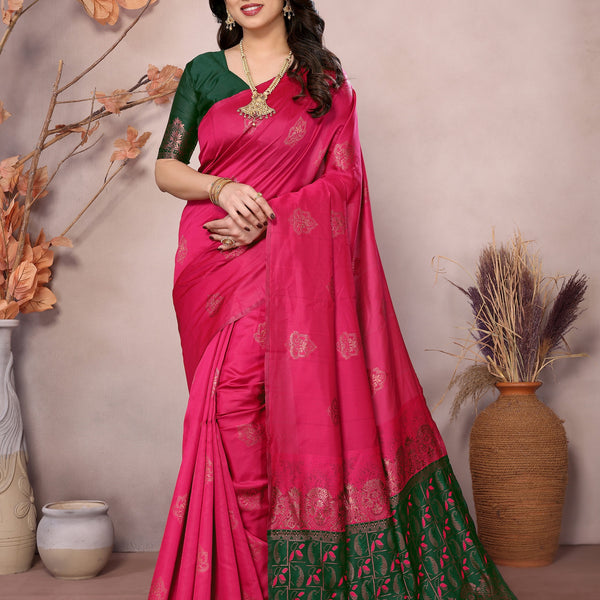 Vedant Vastram Soft Litchi Silk Kanjeevaram Saree - Pink - Distacart