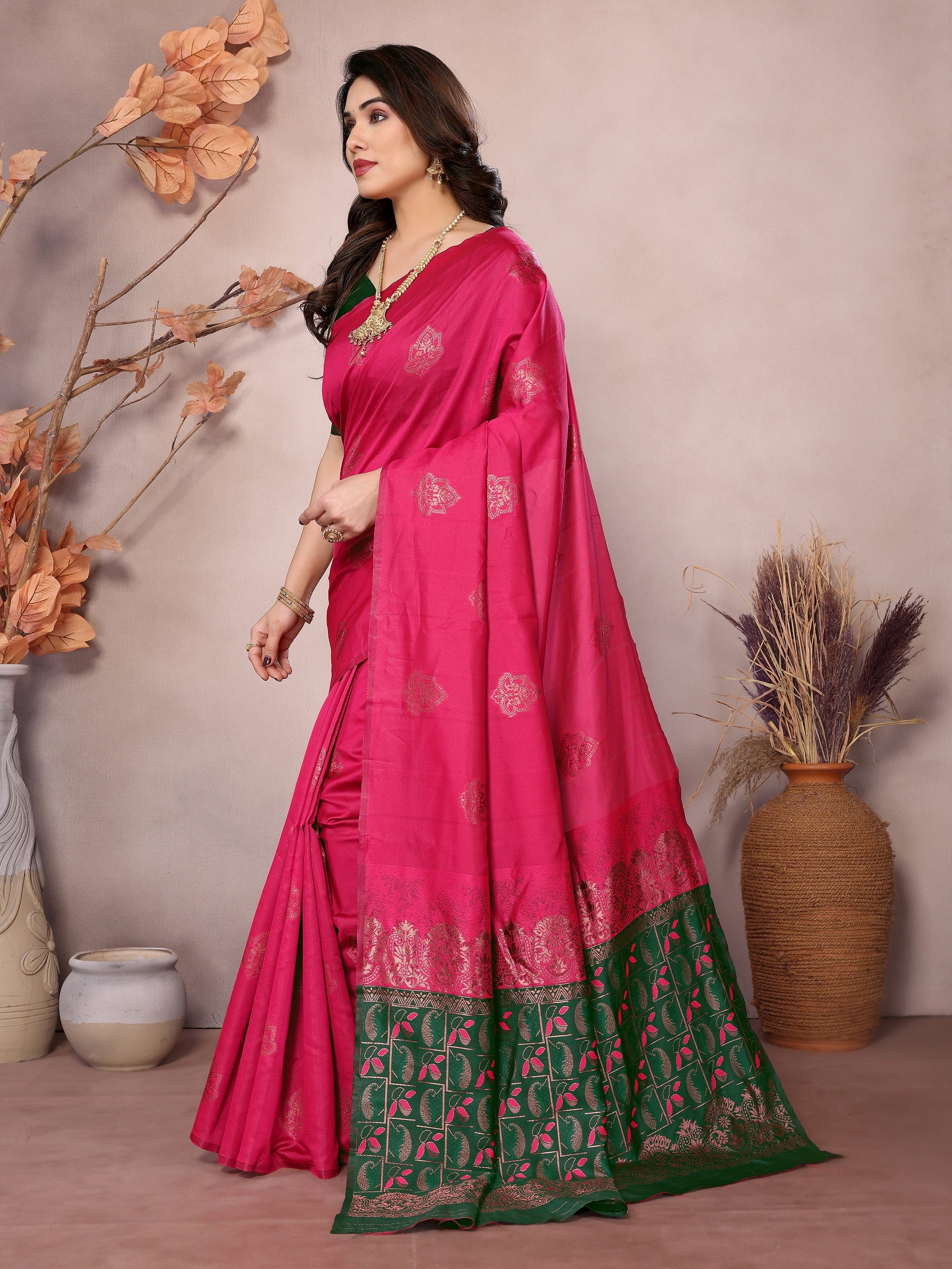 Vedant Vastram Soft Litchi Silk Kanjeevaram Saree - Pink - Distacart