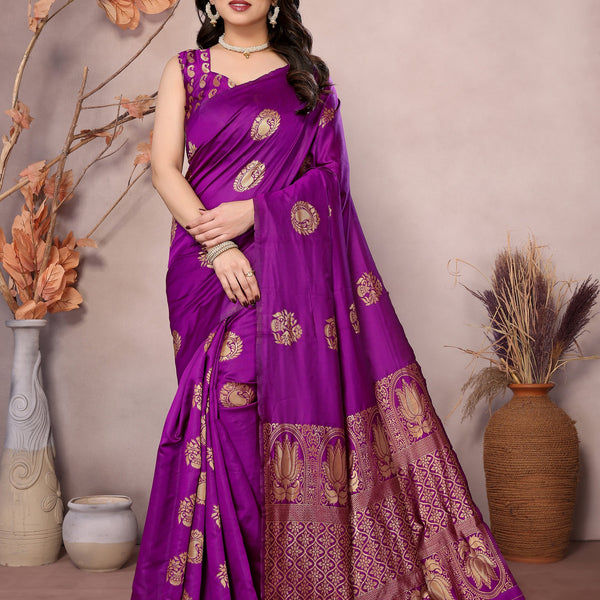 Vedant Vastram Soft Litchi Silk Kanjeevaram Saree - Purple - Distacart