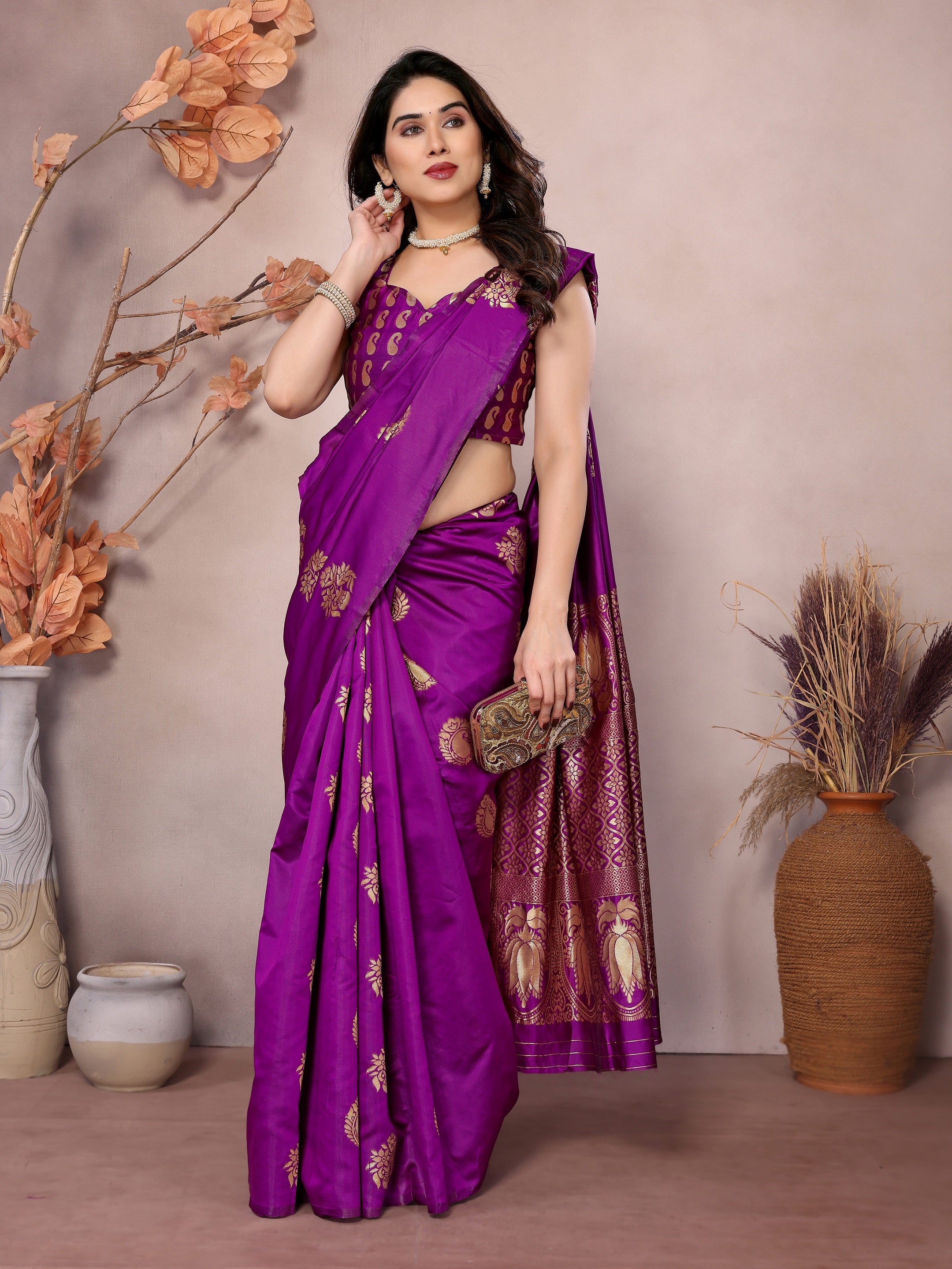 Vedant Vastram Soft Litchi Silk Kanjeevaram Saree - Purple - Distacart