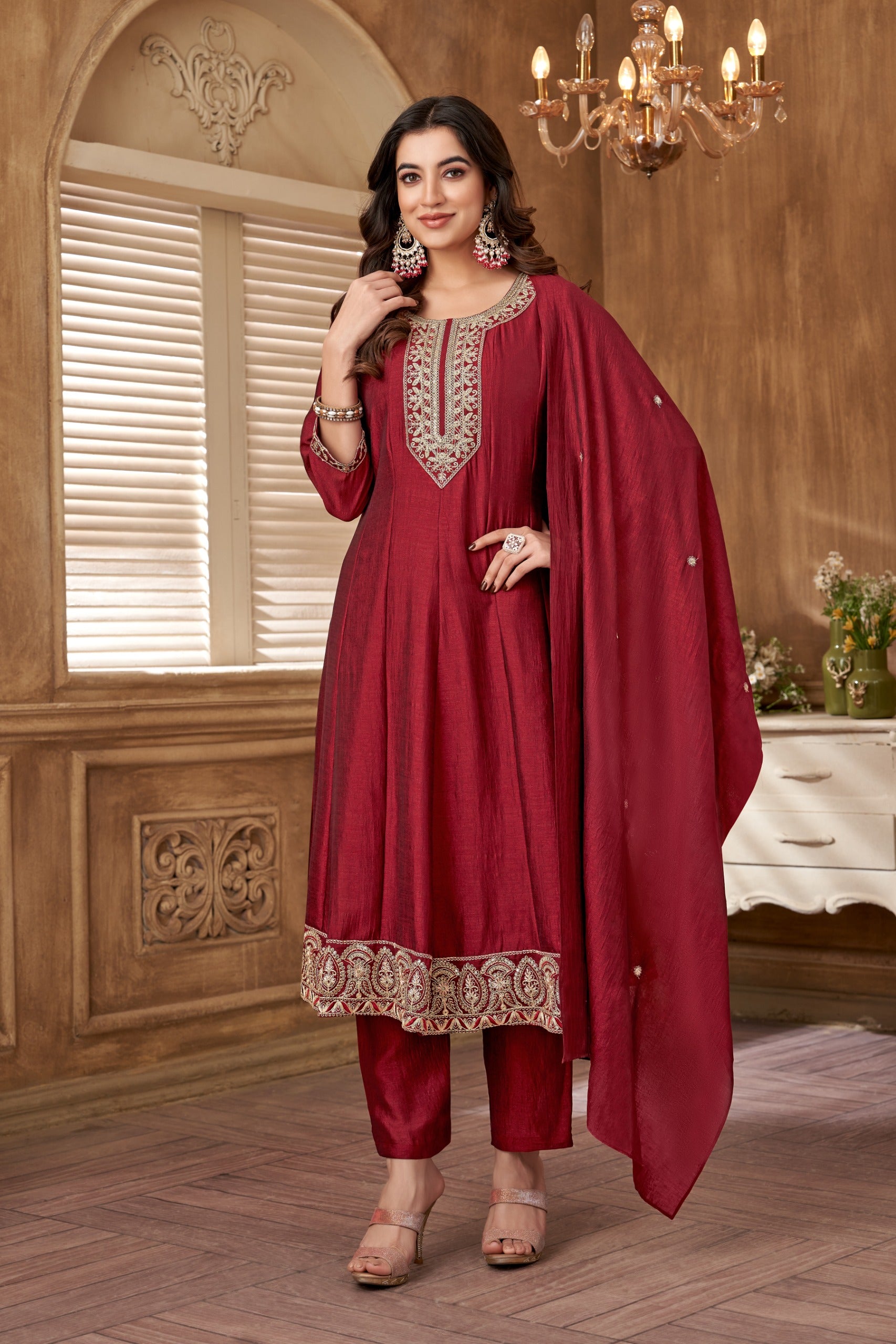 Vedant Vastram Kurta Pant set with Dupatta having Beautiful Embroidered work - Maroon - Distacart