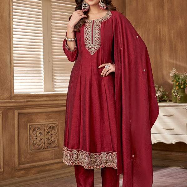 Vedant Vastram Kurta Pant set with Dupatta having Beautiful Embroidered work - Maroon - Distacart