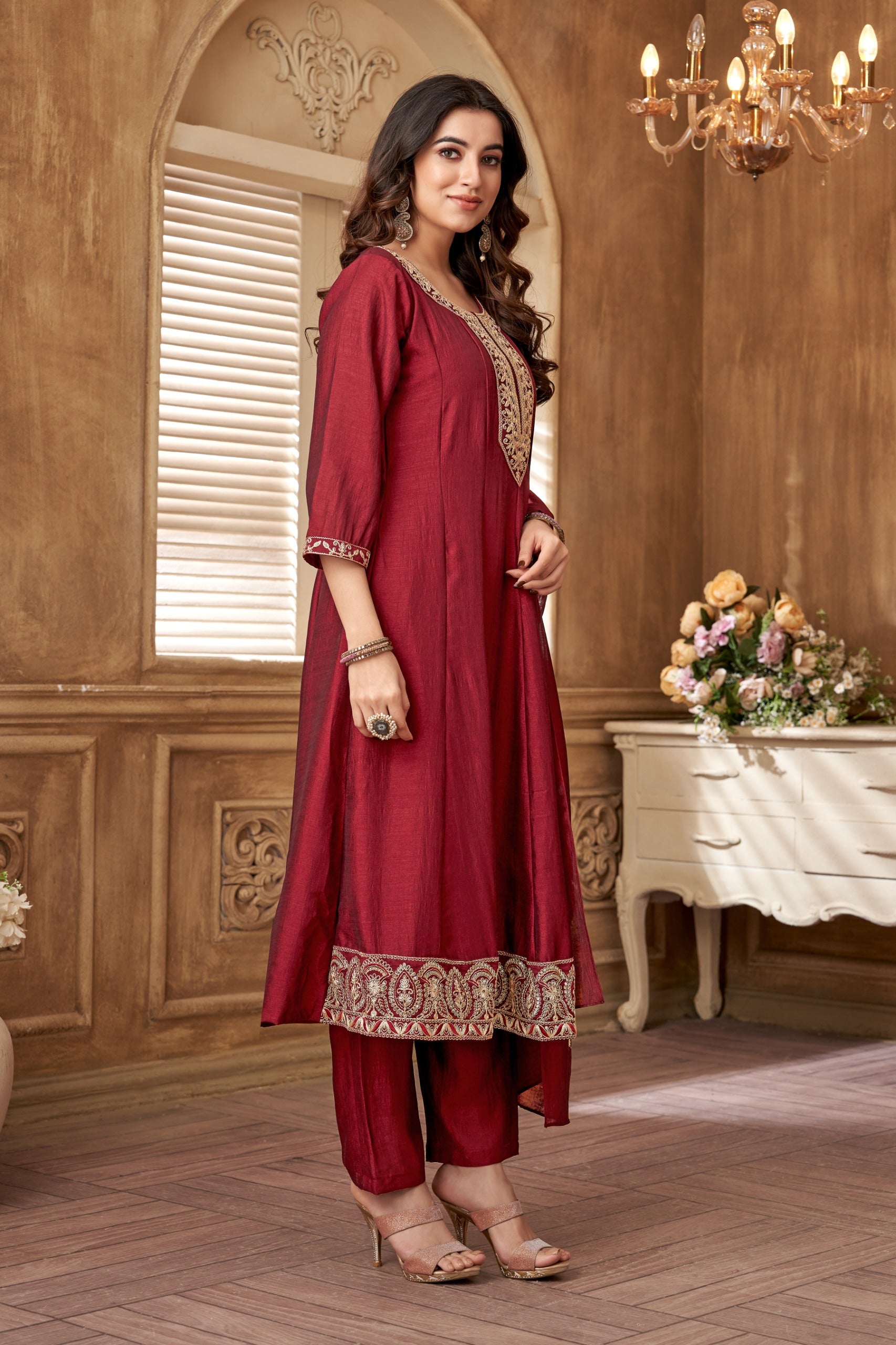 Vedant Vastram Kurta Pant set with Dupatta having Beautiful Embroidered work - Maroon - Distacart