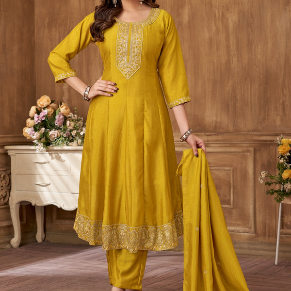 Vedant Vastram Kurta Pant set with Dupatta having Beautiful Embroidered work - Mustard - Distacart
