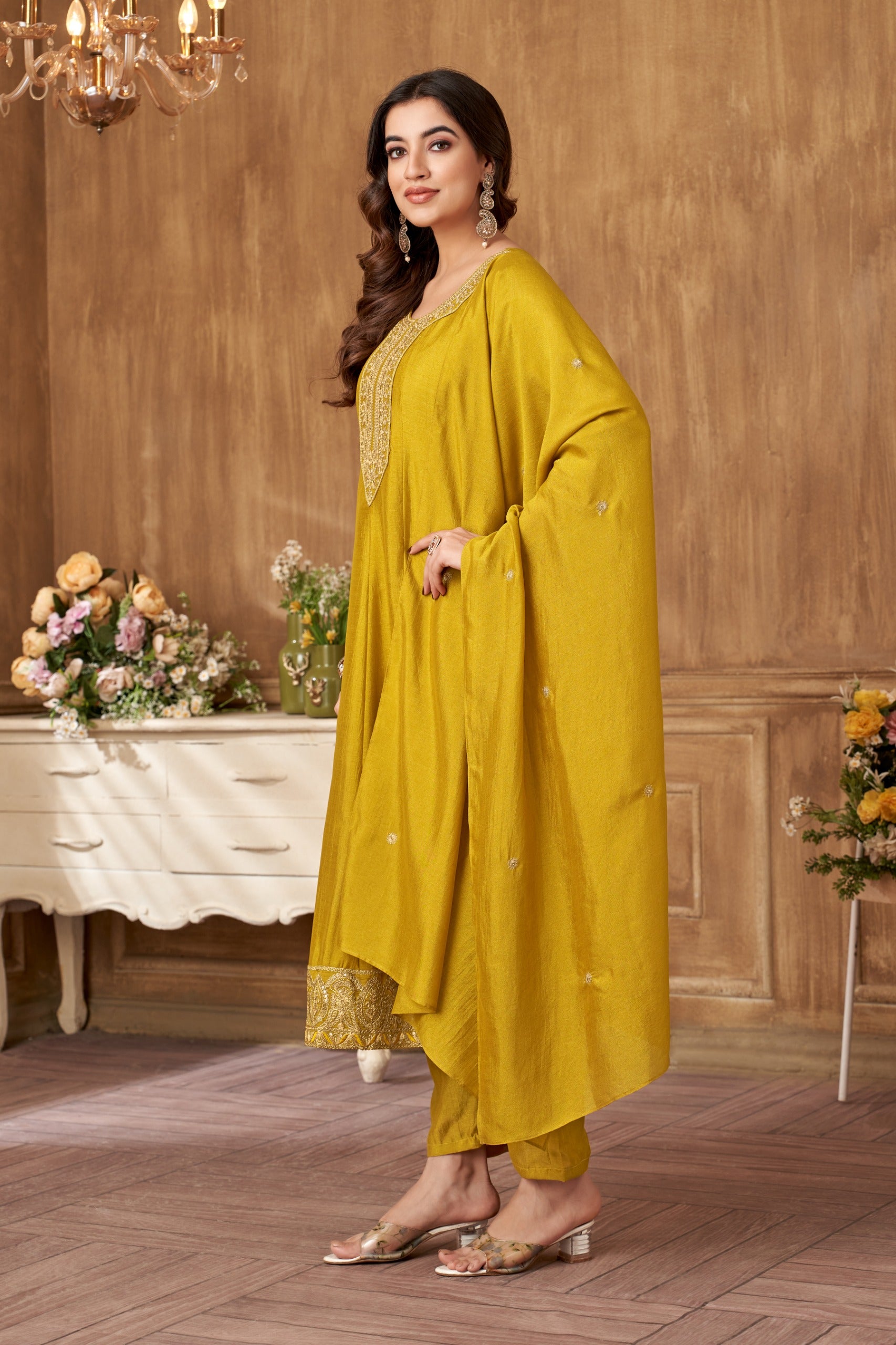 Vedant Vastram Kurta Pant set with Dupatta having Beautiful Embroidered work - Mustard - Distacart