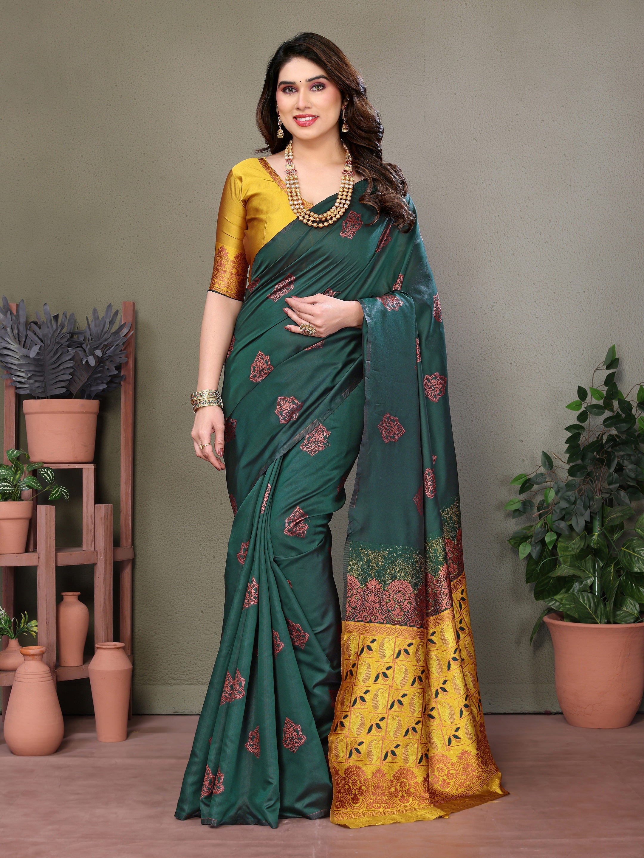 Vedant Vastram Soft Litchi Silk Kanjeevaram Saree - Green - Distacart
