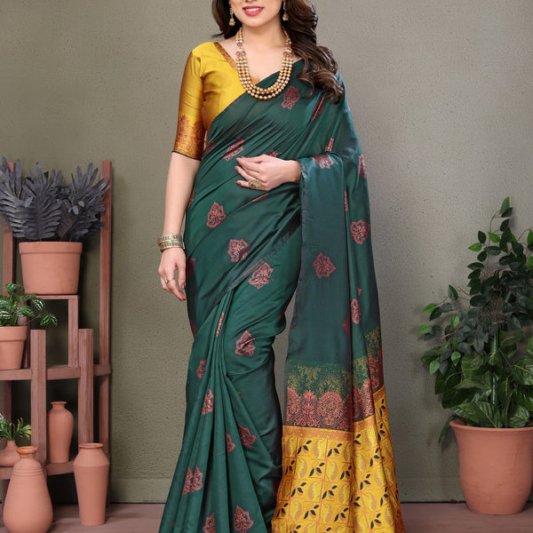 Vedant Vastram Soft Litchi Silk Kanjeevaram Saree - Green - Distacart