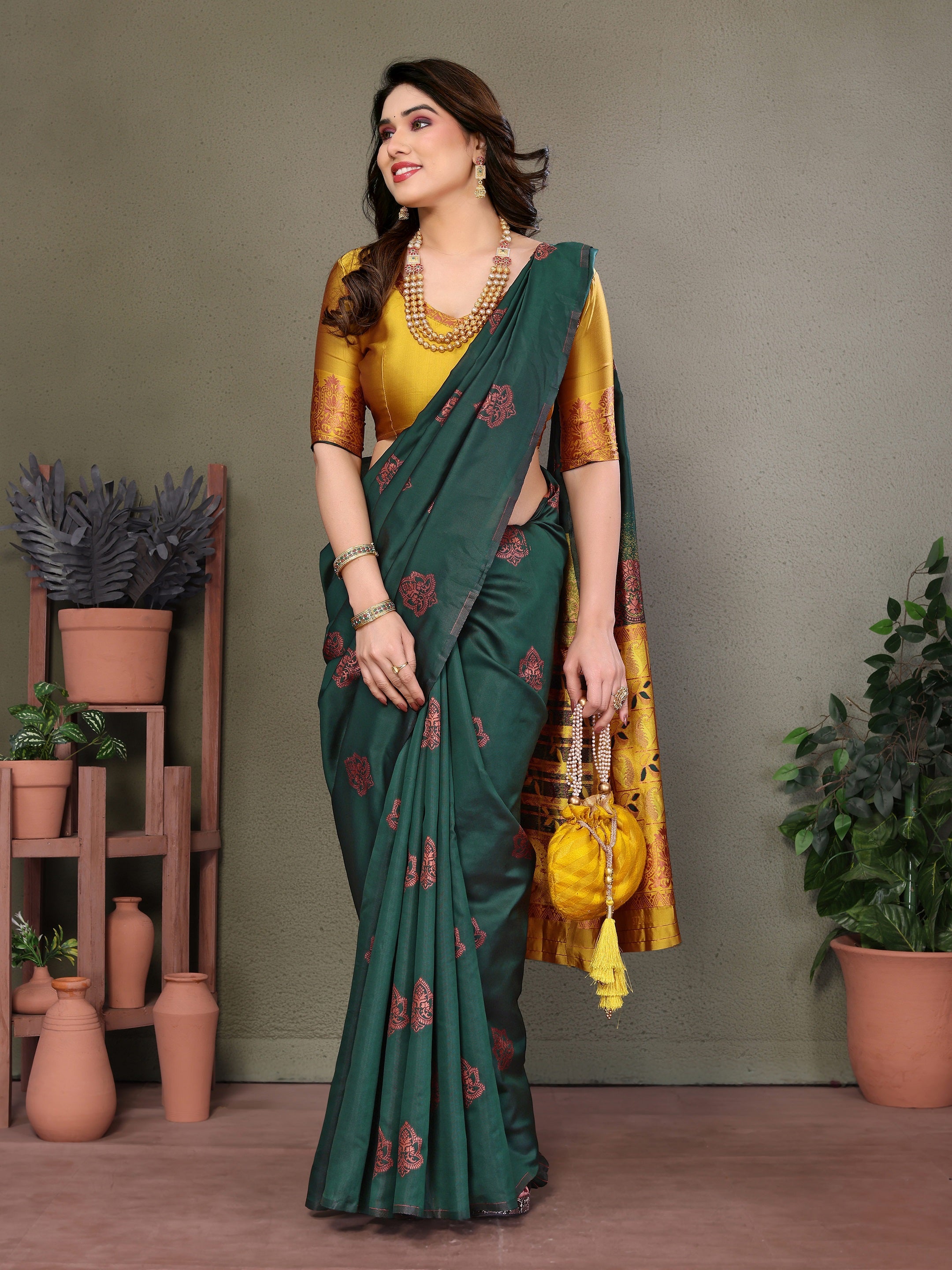 Vedant Vastram Soft Litchi Silk Kanjeevaram Saree - Green - Distacart