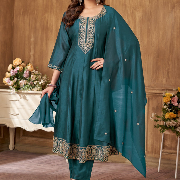 Vedant Vastram Kurta Pant set with Dupatta having Beautiful Embroidered work - Rama - Distacart