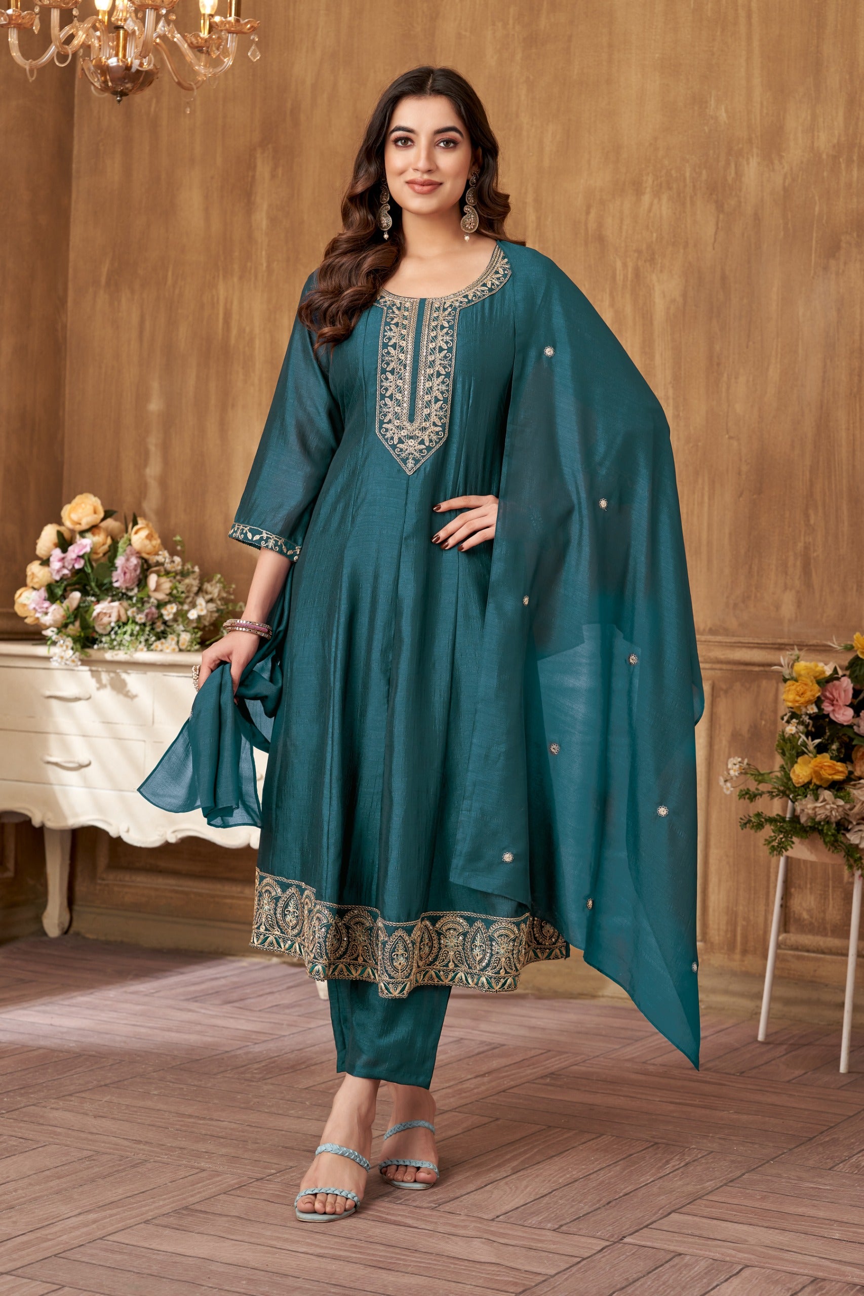 Vedant Vastram Kurta Pant set with Dupatta having Beautiful Embroidered work - Rama - Distacart