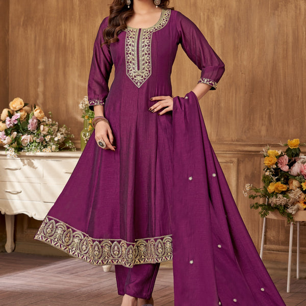 Vedant Vastram Kurta Pant set with Dupatta having Beautiful Embroidered work - Wine - Distacart