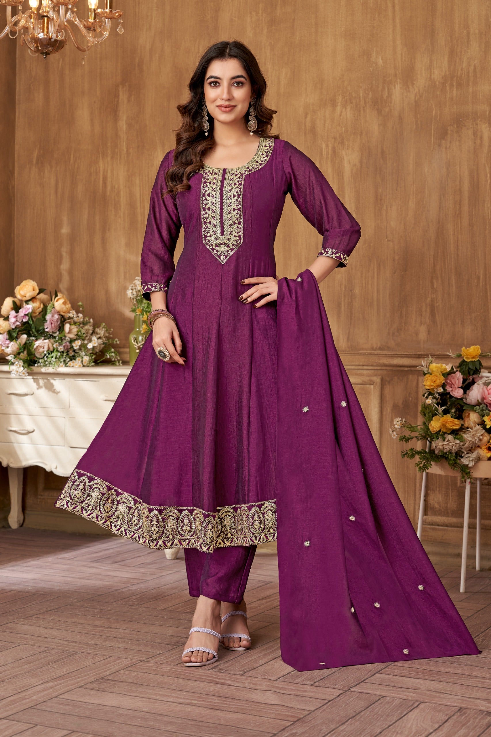 Vedant Vastram Kurta Pant set with Dupatta having Beautiful Embroidered work - Wine - Distacart