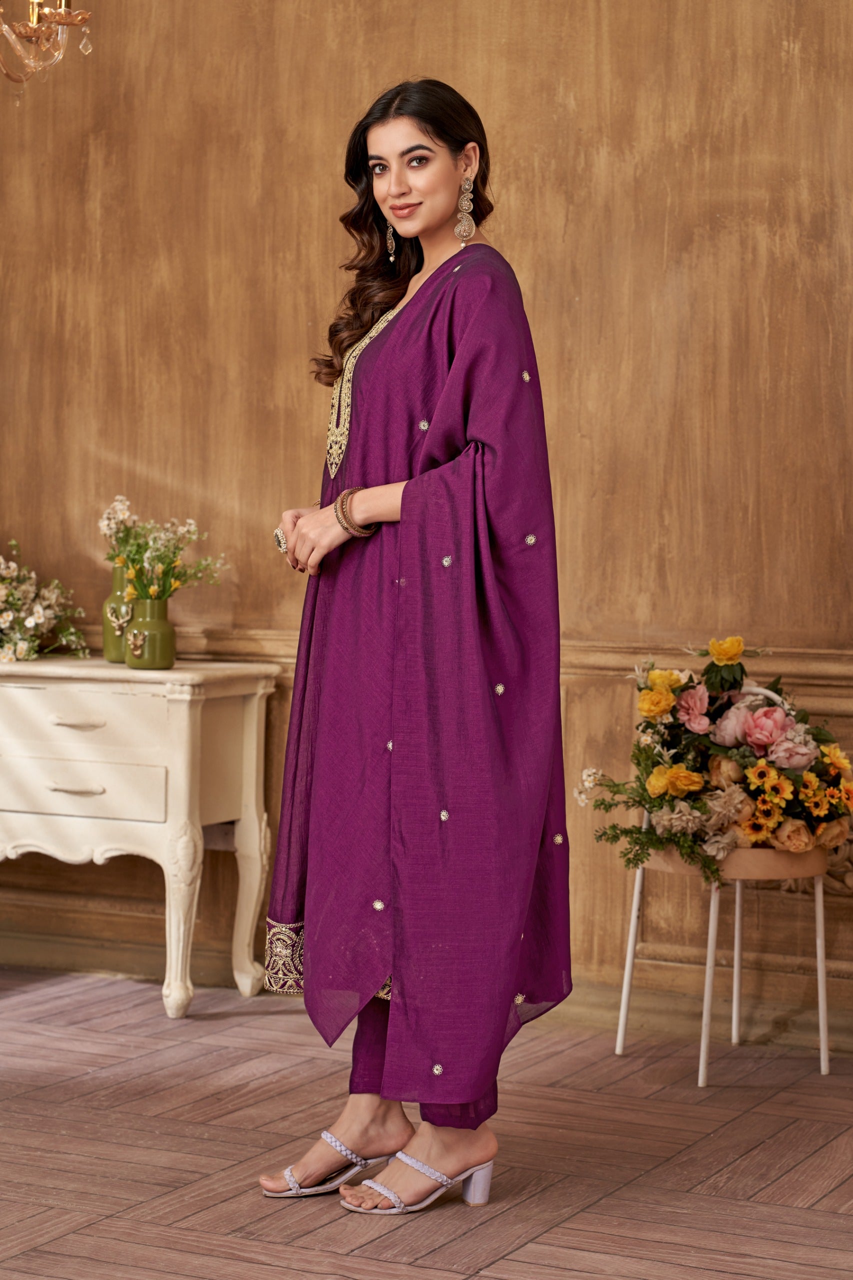 Vedant Vastram Kurta Pant set with Dupatta having Beautiful Embroidered work - Wine - Distacart