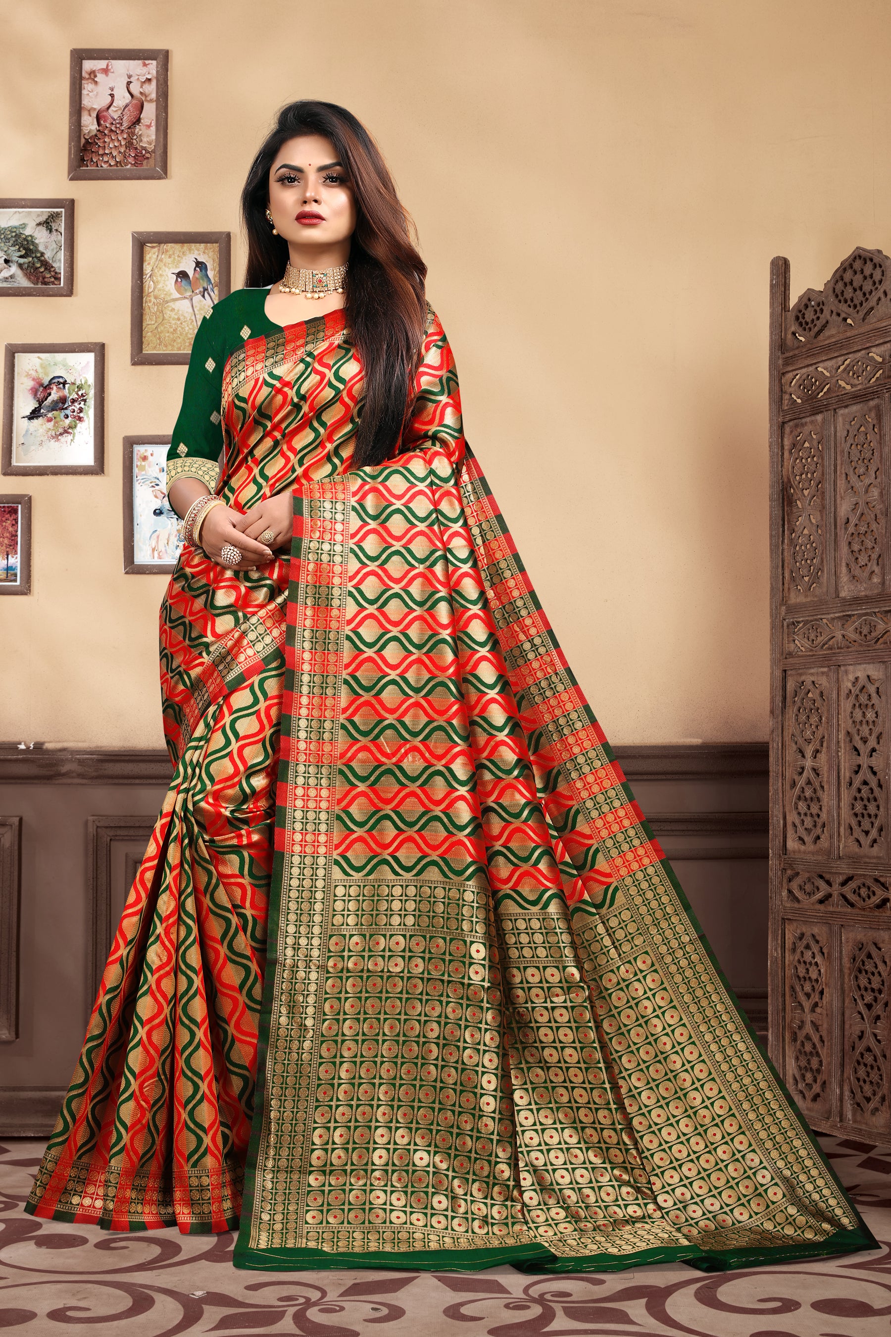 Vedant Vastram Litchi Silk Designer Banarasi Saree - Bottle Green - Distacart