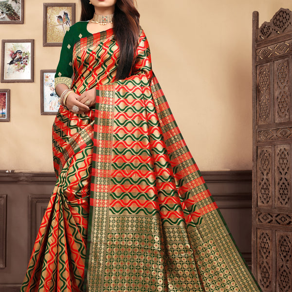 Vedant Vastram Litchi Silk Designer Banarasi Saree - Bottle Green - Distacart