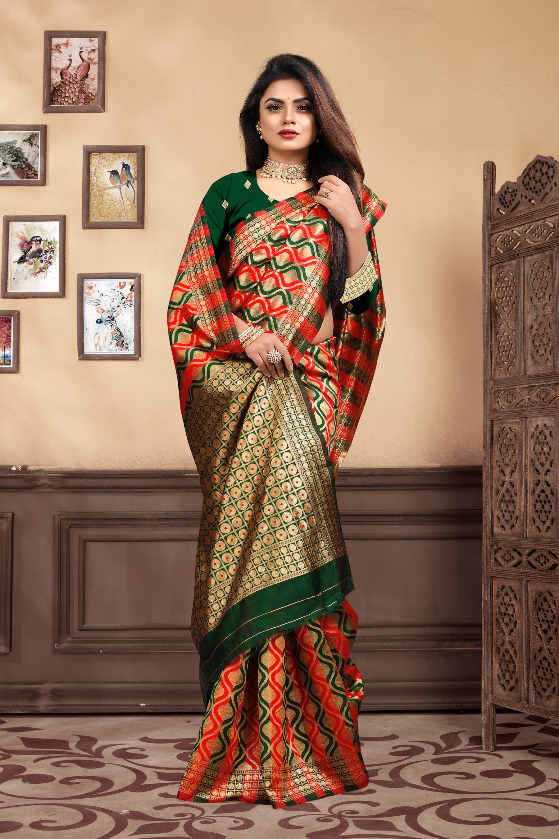 Vedant Vastram Litchi Silk Designer Banarasi Saree - Bottle Green - Distacart