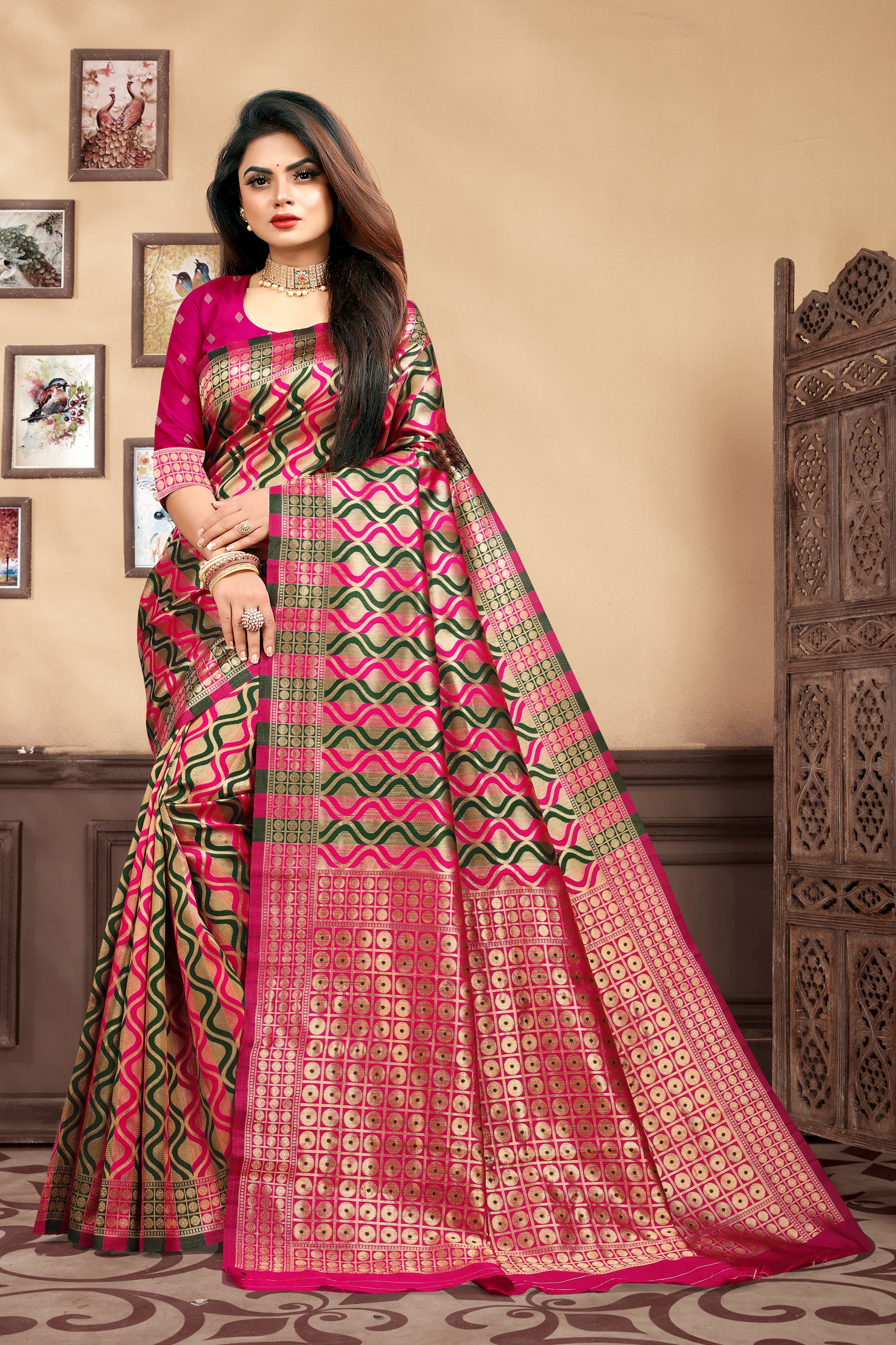 Vedant Vastram Litchi Silk Designer Banarasi Saree - Magenta - Distacart