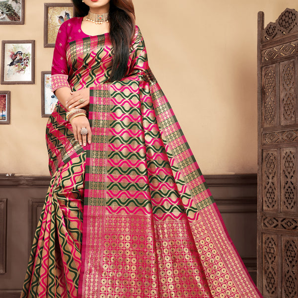 Vedant Vastram Litchi Silk Designer Banarasi Saree - Magenta - Distacart