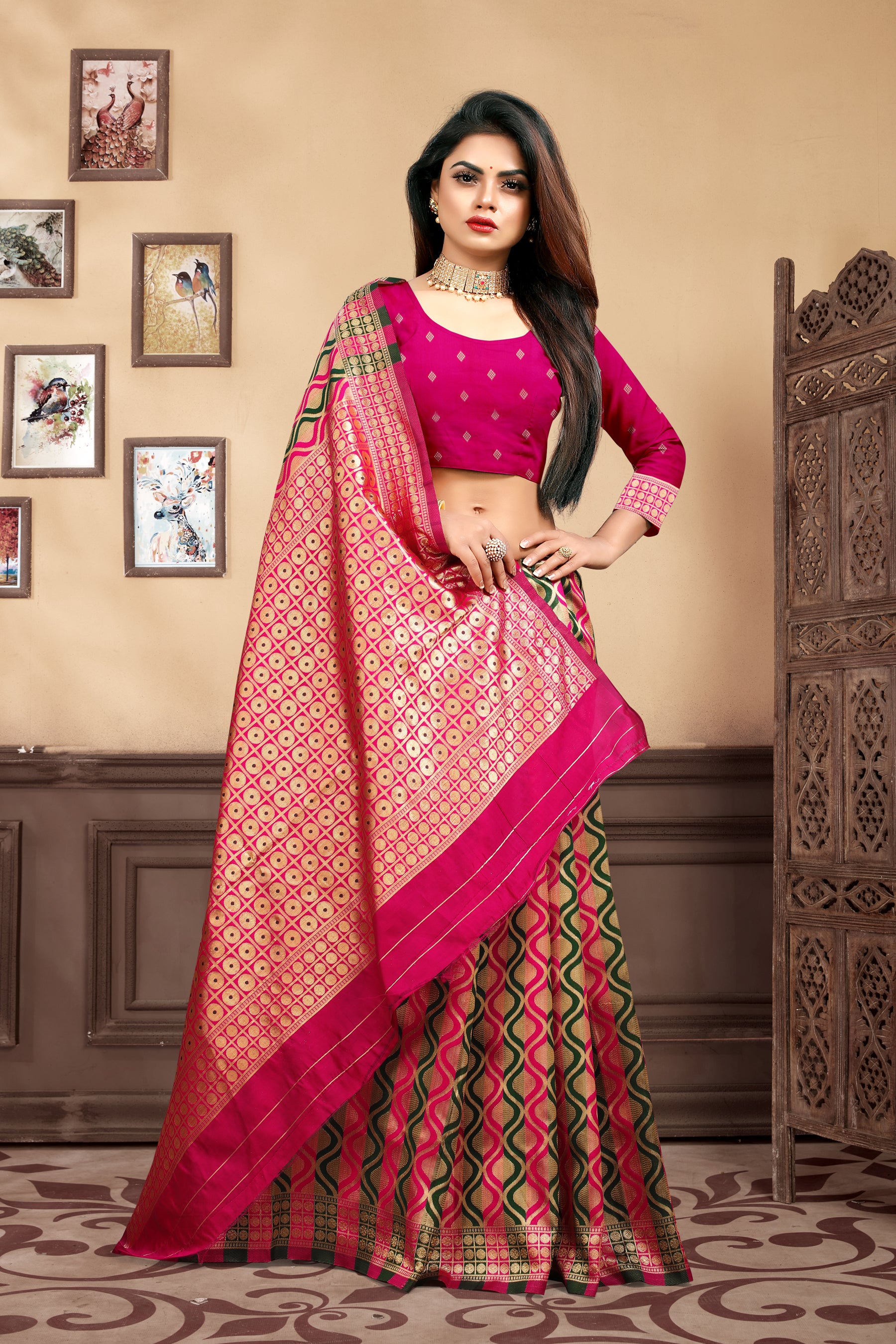 Vedant Vastram Litchi Silk Designer Banarasi Saree - Magenta - Distacart