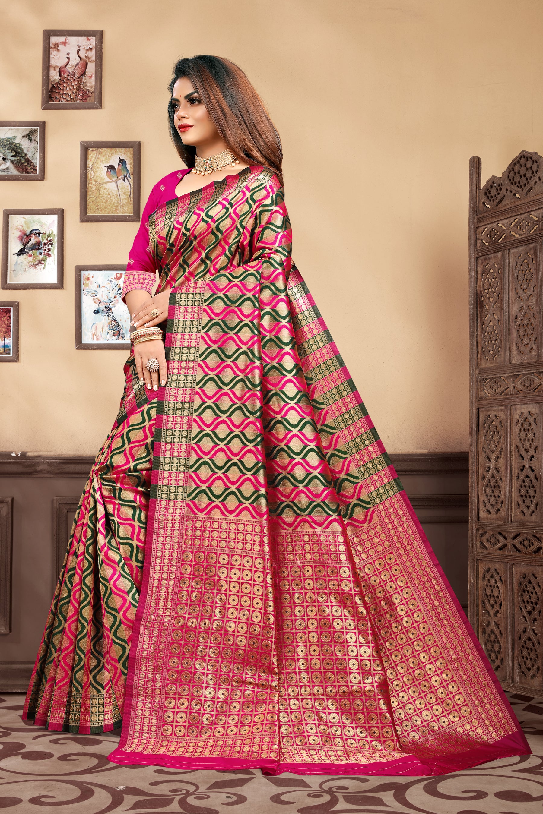 Vedant Vastram Litchi Silk Designer Banarasi Saree - Magenta - Distacart
