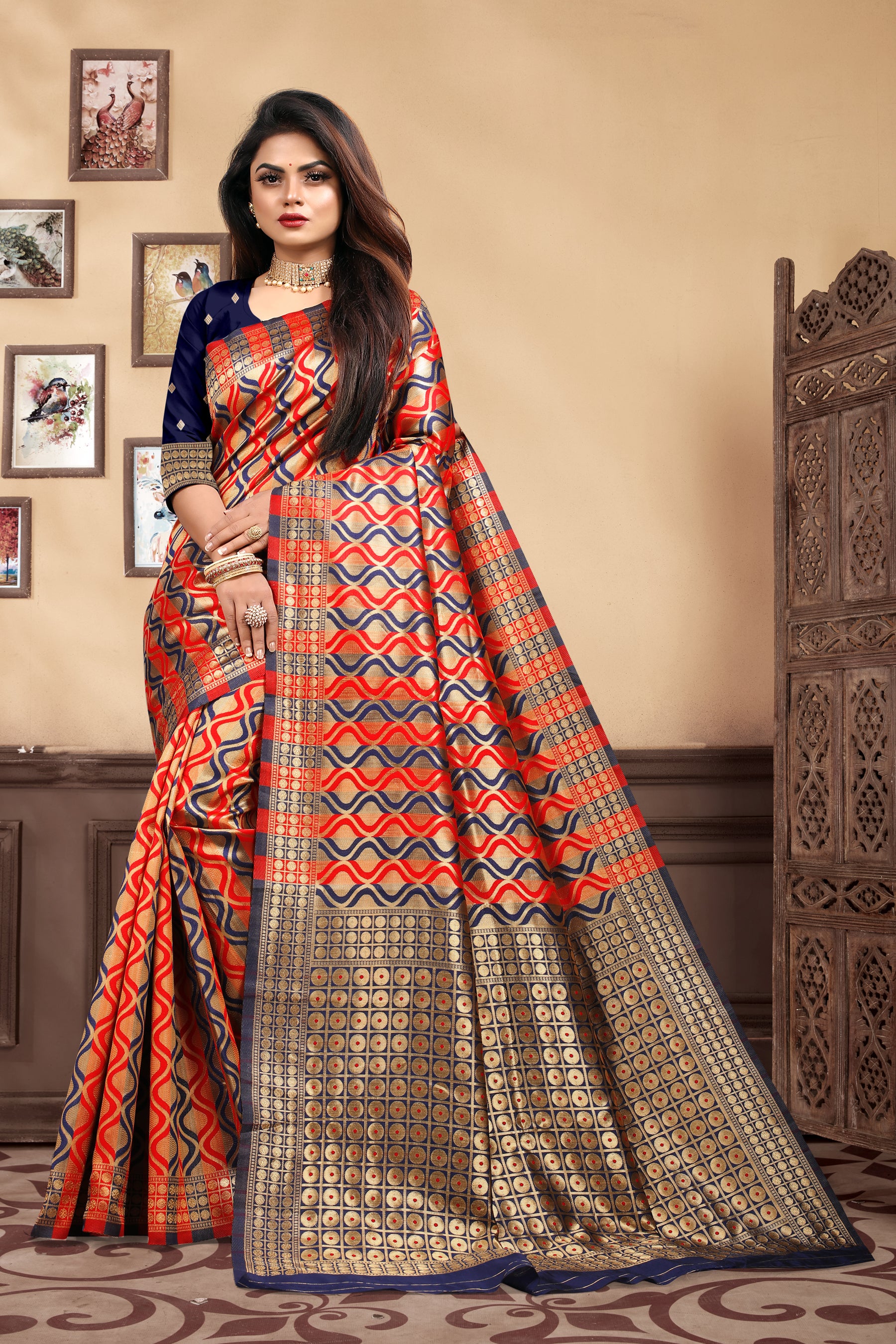 Vedant Vastram Litchi Silk Designer Banarasi Saree - Navy Blue - Distacart