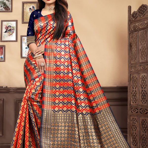 Vedant Vastram Litchi Silk Designer Banarasi Saree - Navy Blue - Distacart