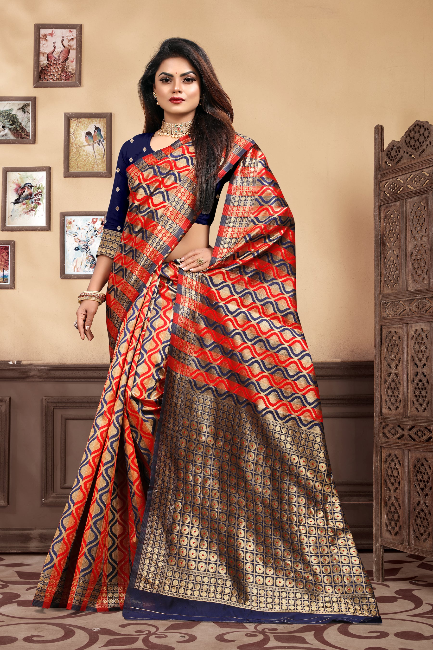 Vedant Vastram Litchi Silk Designer Banarasi Saree - Navy Blue - Distacart