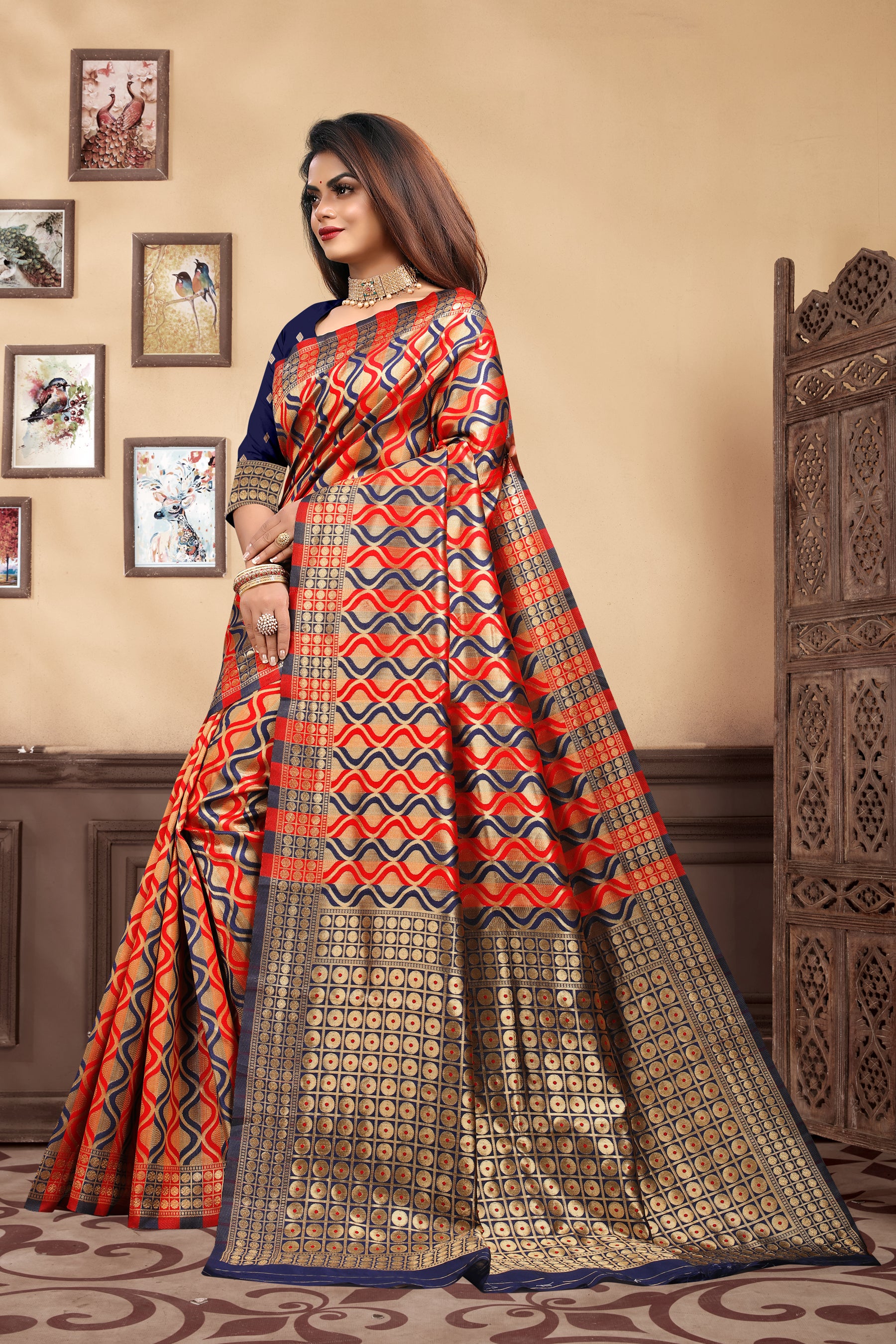 Vedant Vastram Litchi Silk Designer Banarasi Saree - Navy Blue - Distacart