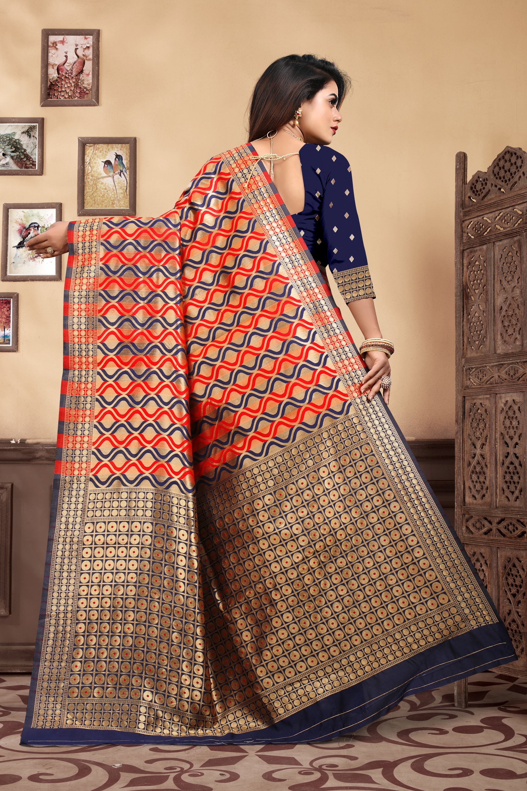 Vedant Vastram Litchi Silk Designer Banarasi Saree - Navy Blue - Distacart